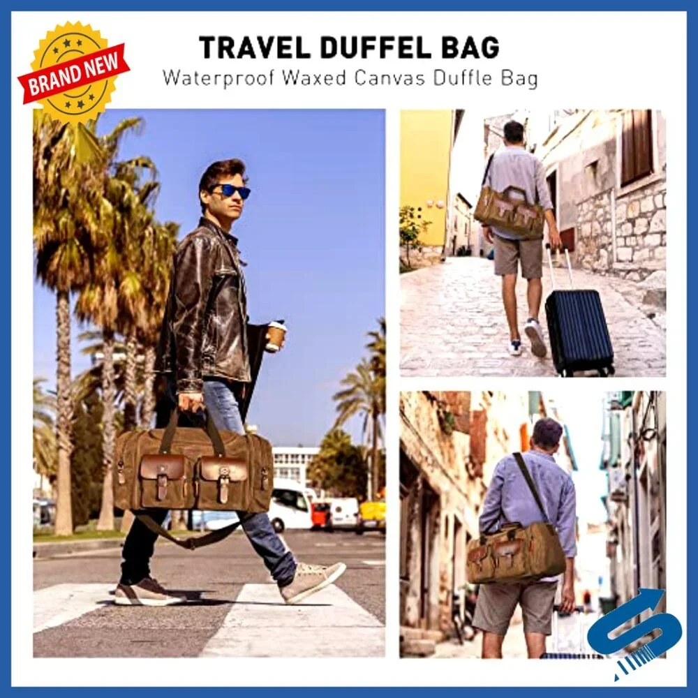 Vintage Waxed Canvas Leather Travel Duffle Bag Waterproof Weekender Carry On